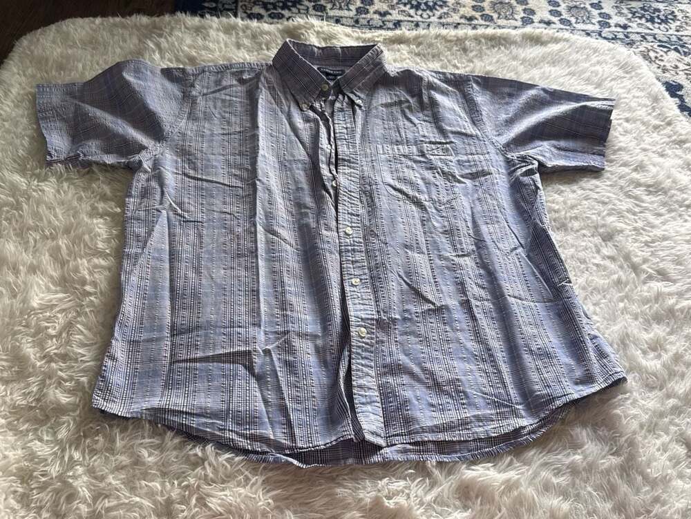 Lands' End Men's Blue Plaid Seersucker Short Sleeve Button Down Shirt Size XL
